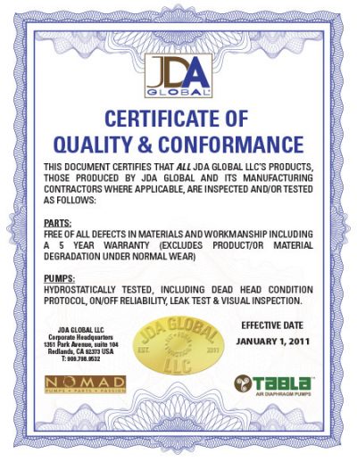 JDA Global - Certificate of Quality & Conformance